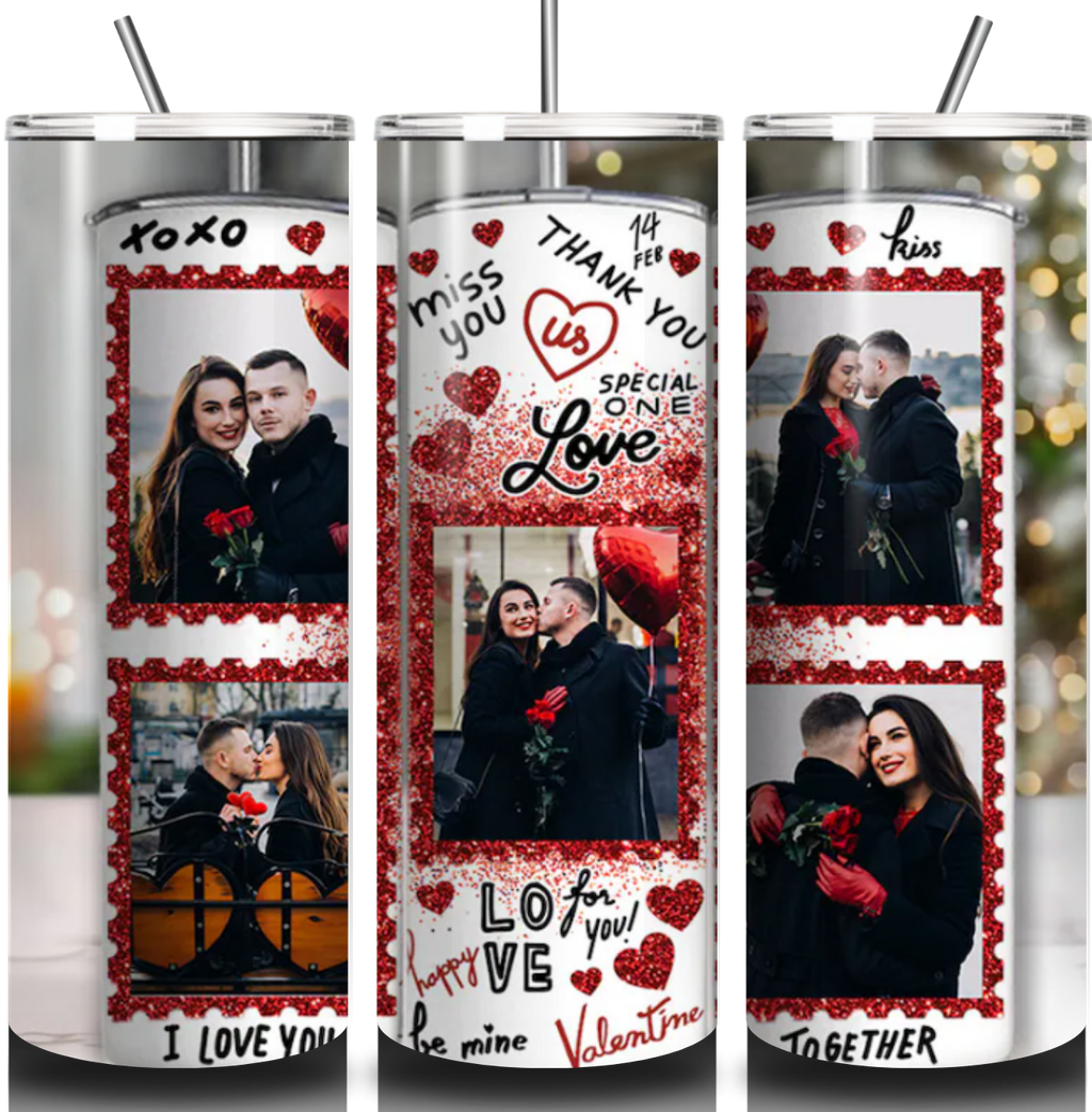 Three insulated tumblers with Valentine's Day-themed designs and couple photos.