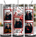 Three insulated tumblers with Valentine's Day-themed designs and couple photos.