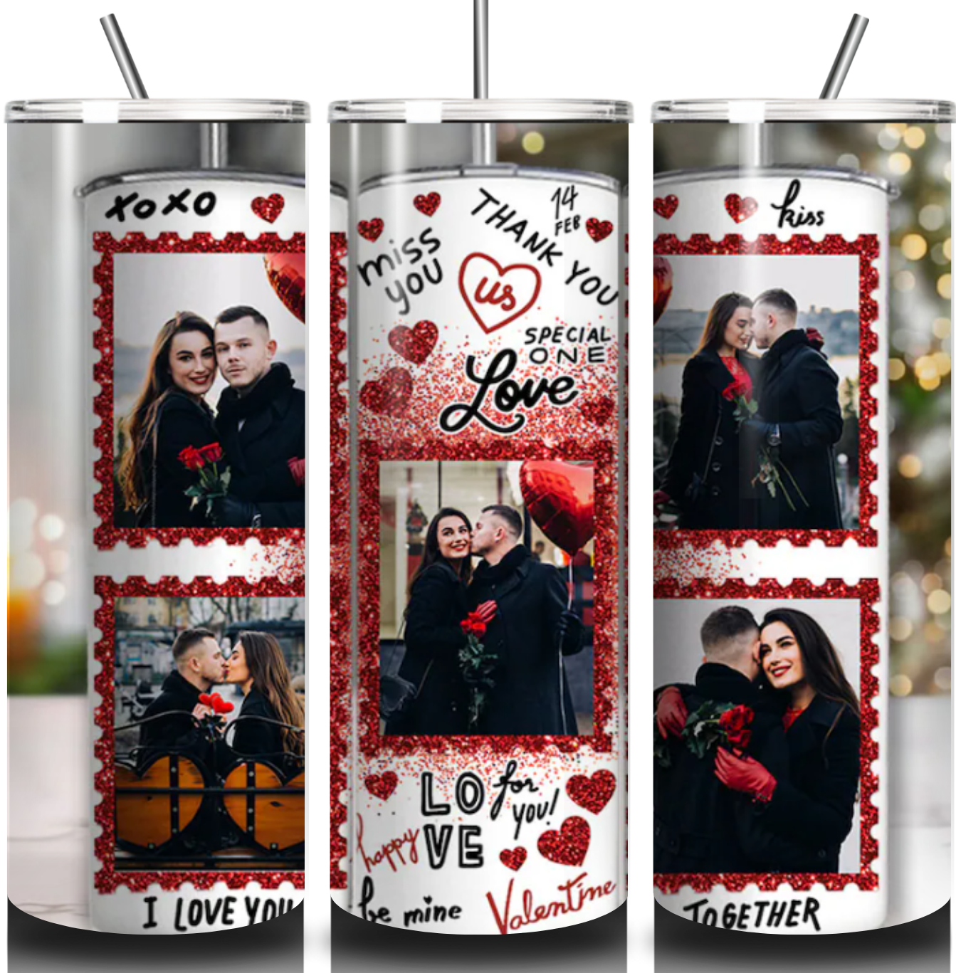 Three insulated tumblers with Valentine's Day-themed designs and couple photos.
